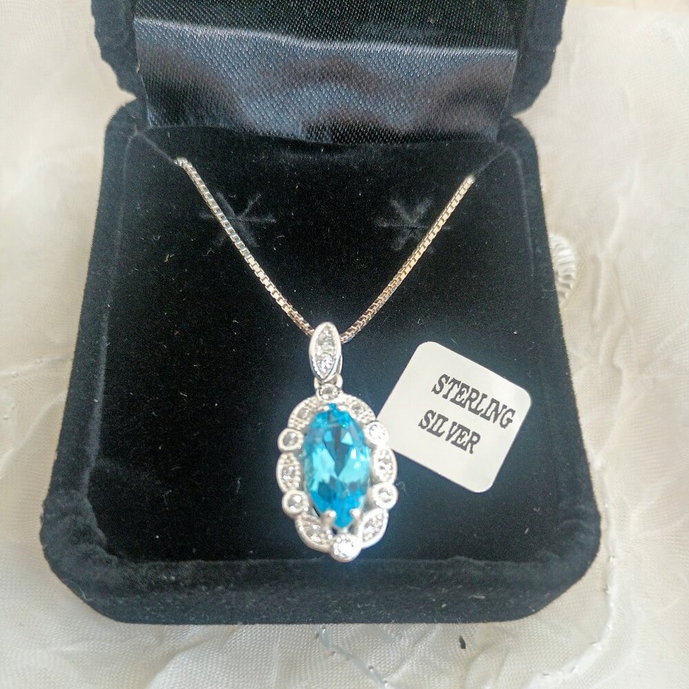 Blue Topaz Cubic Zirconia JC 925 Sterling Silver Necklace 18" Box Included ~ NIB - Picture 3 of 9